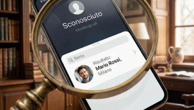 Lente d'ingrandimento su uno smartphone per scoprire a chi appartiene un numero di cellulare sconosciuto.
