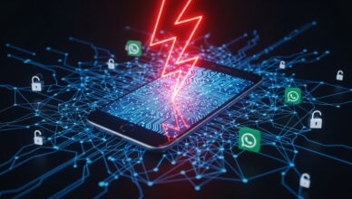 Illustrazione tecnica che spiega come spiare WhatsApp senza telefono vittima attraverso un attacco remoto.