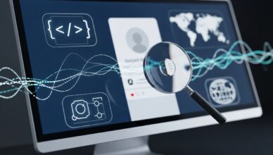 Una lente d'ingrandimento digitale analizza un profilo social per scoprire chi si nasconde dietro un profilo falso.